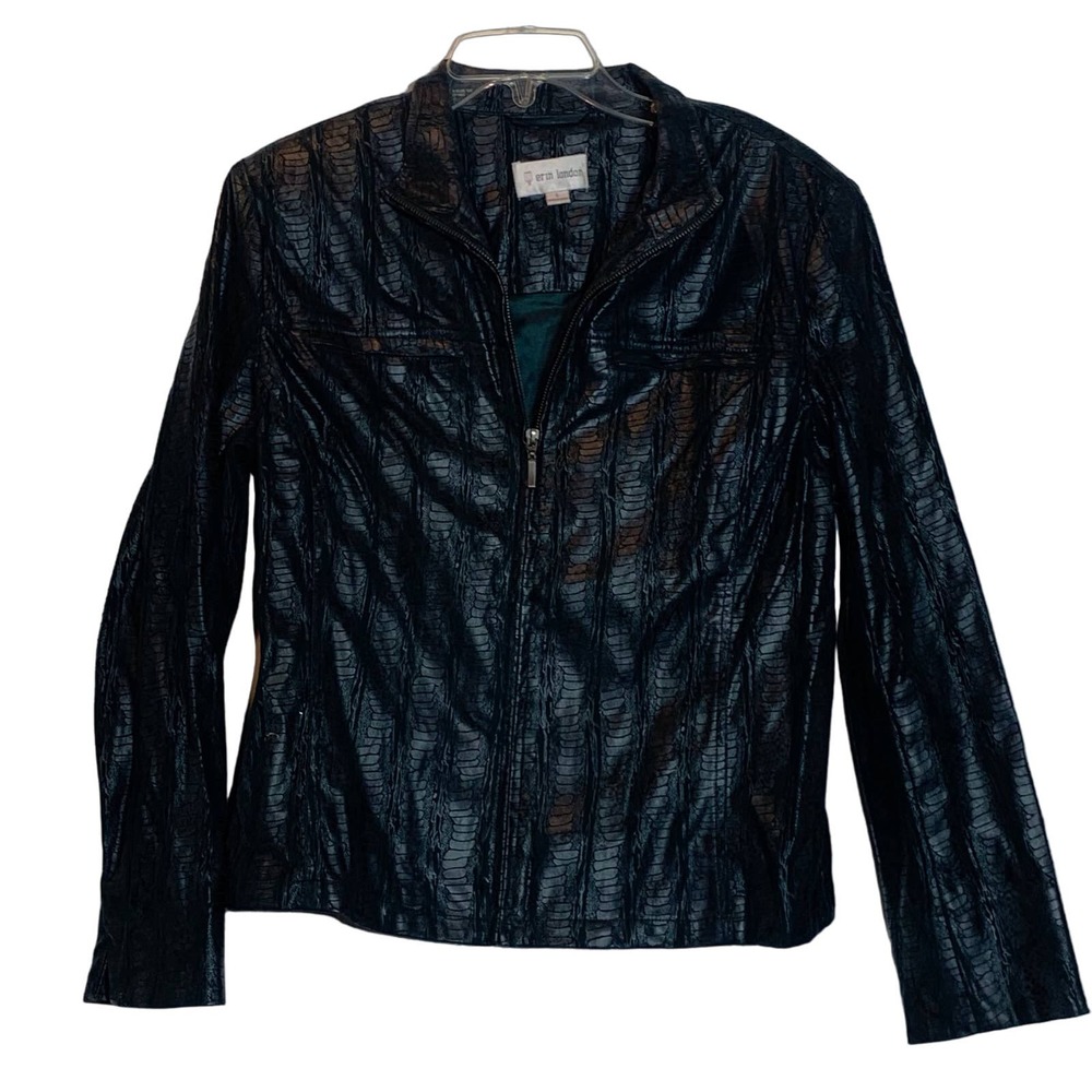 EUC Erin London Faux Snakeskin Green and Black Zip Front Jacket Size Large